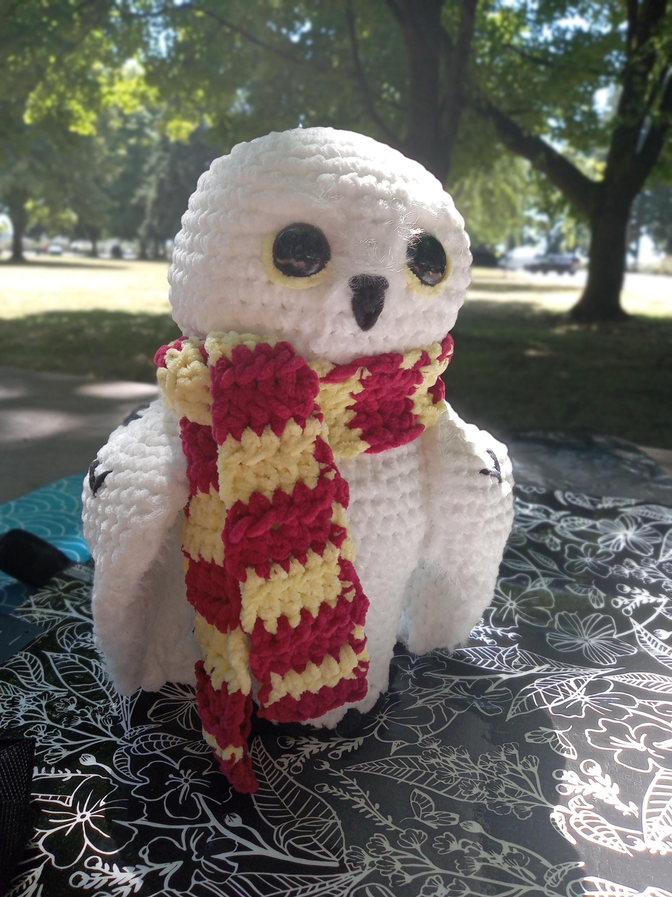 Snowy Owl Plushy Wearing Griffydor Colored Scarf Handmade Crochet Stuffed Animal