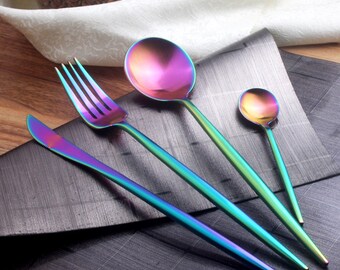 Premium Stainless Steel Rainbow Kitchenware iridescent unicorn rainbow cutlery flatware set round edition