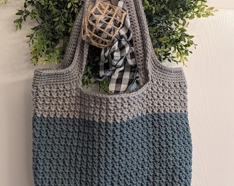 Small Blue/Gray Crocheted Market Bag/Tote