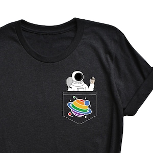 Funny Astronaut Rainbow Pride Flag Space T-Shirt | Saturn Tshirt | Planet T Shirt | Pocket Print Tee | Gay Celestial Galaxy Tee