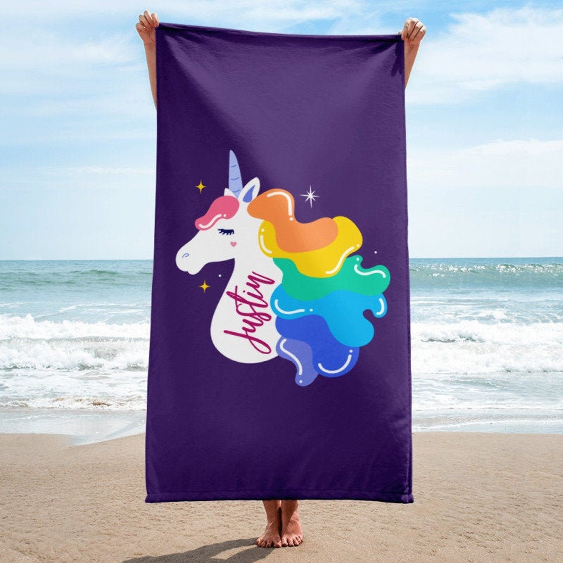 Custom Name / Text Beach Towel Rainbow Unicorn Purple Etsy