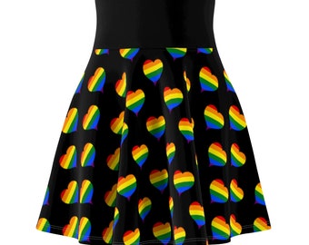 Gay Pride Skater Skirt | Rainbow Flag Geometrical Hearts Pattern Skirt Pride Month High Waisted Black Skirt Flare Flared Flowy Circle Skirt