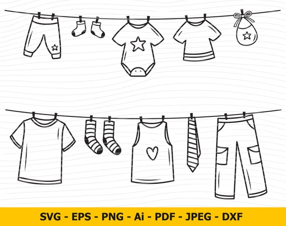 Drying Clothes SVG, Clothesline DXF, Hanging Cloth Clipart, Drying Clothes  Vector, Laundry SVG, Cut File for Silhouette 