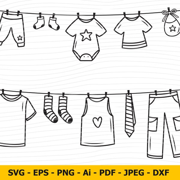 Drying Clothes SVG, Clothesline DXF, Hanging Cloth Clipart, Drying Clothes Vector, Laundry SVG, Cut File For Silhouette