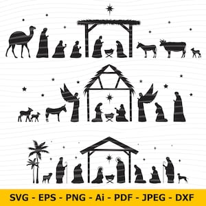 Nativité SVG, Crèche SVG, Crèche de Noël SVG, Naissance du christ svg, Oh sainte nuit, Fichiers coupés pour silhouette, Dxf, Png, Eps