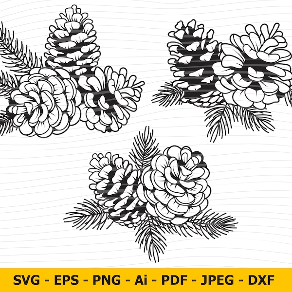 Pomme de pin Svg, Pomme de pin clipart, Arbre d’hiver Svg, Branche de sapin Svg, Décoration de Noël Svg, Silhouette de sapin, Forest Png, Dxf, Eps