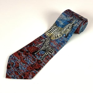 80s/90s Zebra Print Silk Tie Vintage Blue and Red Necktie Retro Hand Made Cravate