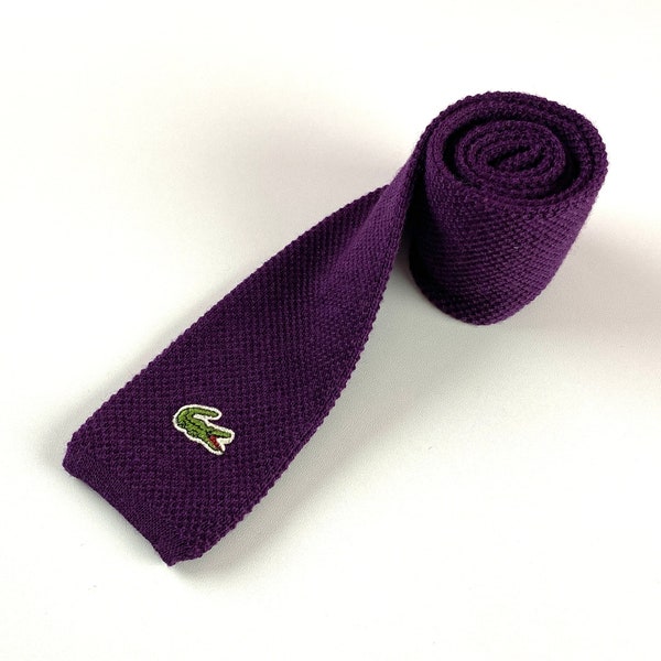 80s Chemise Lacoste Vintage Wool Tie Vintage Men's Purple Necktie Retro Knitted Cravate