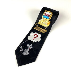 2000s Montebello Silk Tie Vintage Men&#39;s Y2K Computer & Mouse Black Necktie Retro Hand Made Cravate