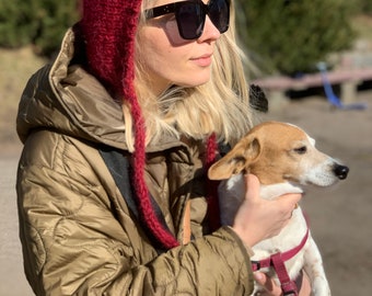 Hoodie hat,  burgundy and milk color