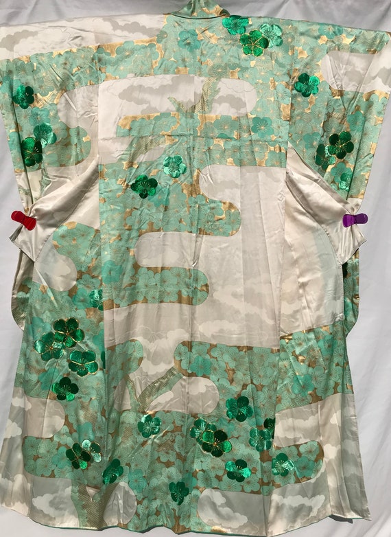 Japan satin kimono, print mint grn and embroidere… - image 1