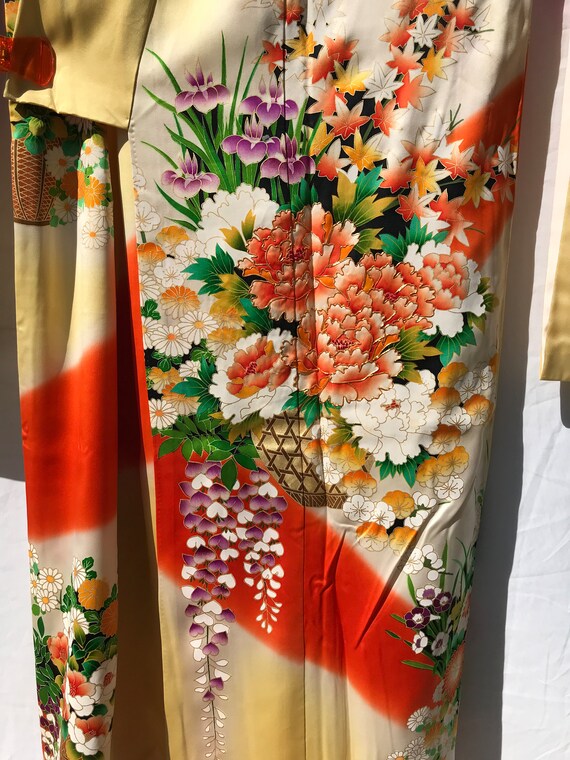 Japanese silky soft yellow & orange kimono (SILK?… - image 8