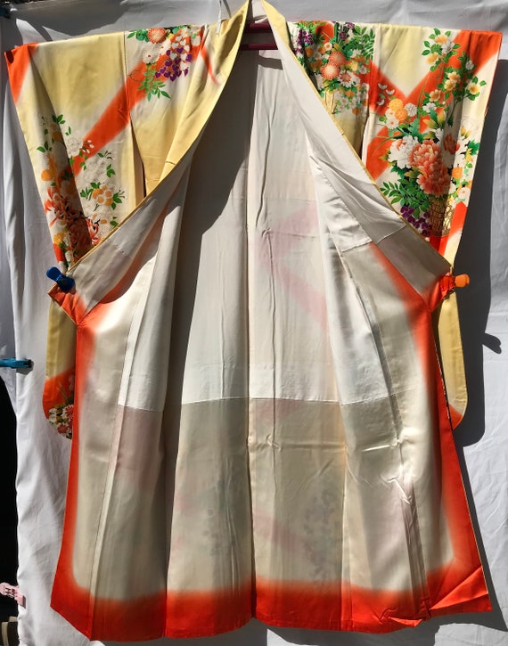 Japanese silky soft yellow & orange kimono (SILK?… - image 5