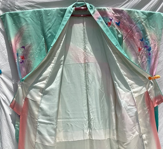 Japanese mint & pastel silk kimono;  butterflies,… - image 3