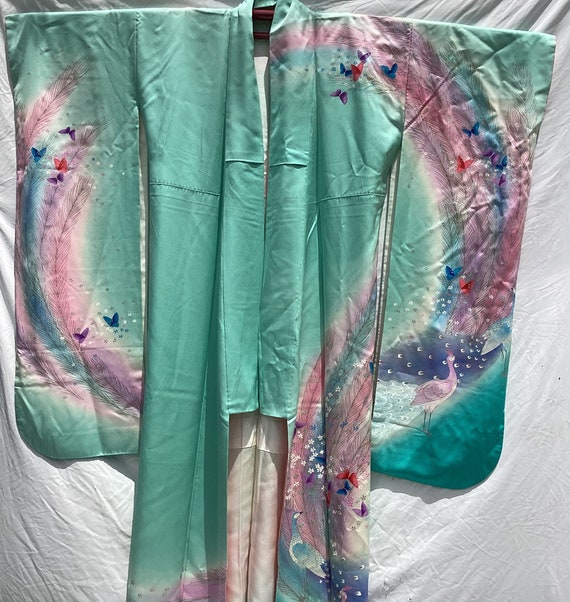 Japanese mint & pastel silk kimono;  butterflies,… - image 2