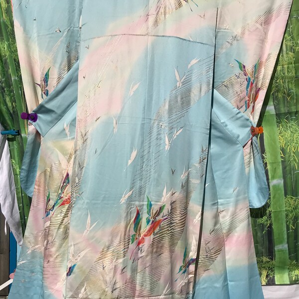 Japanese silky-soft light blue kimono, swirling pastels, sparkling butterflies, silver & gold accents; excellent condition; vintage