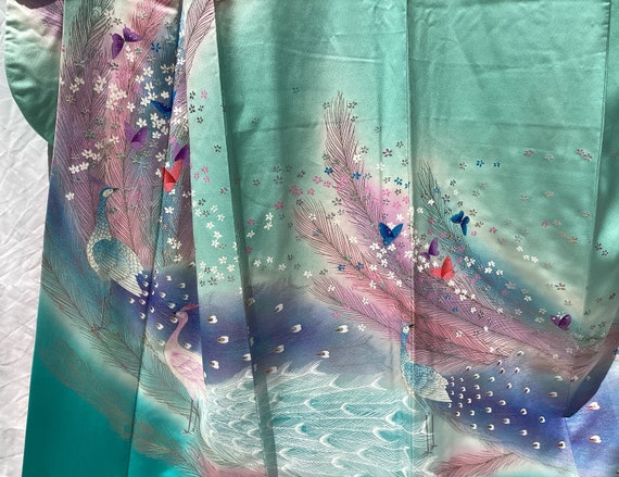 Japanese mint & pastel silk kimono;  butterflies,… - image 9