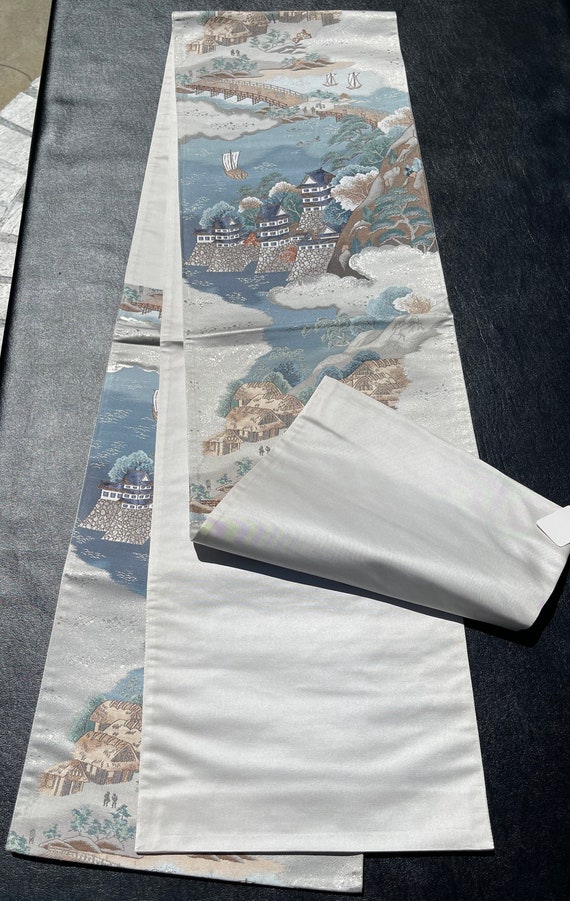 Japanese obi/kimono sash, blue & grey; castle, oc… - image 6