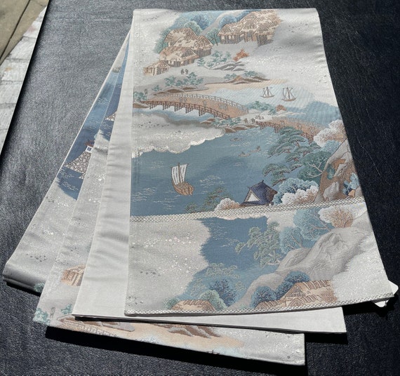 Japanese obi/kimono sash, blue & grey; castle, oc… - image 3