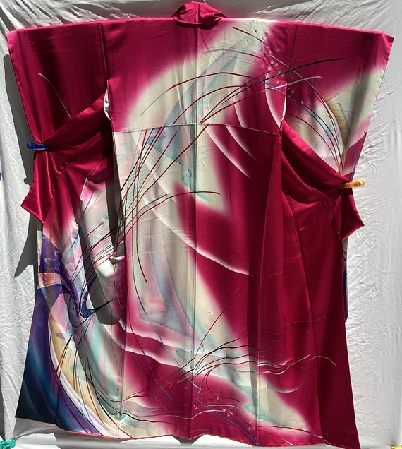 Stunning Japan hot pink silk kimono, texture, print a… Gem