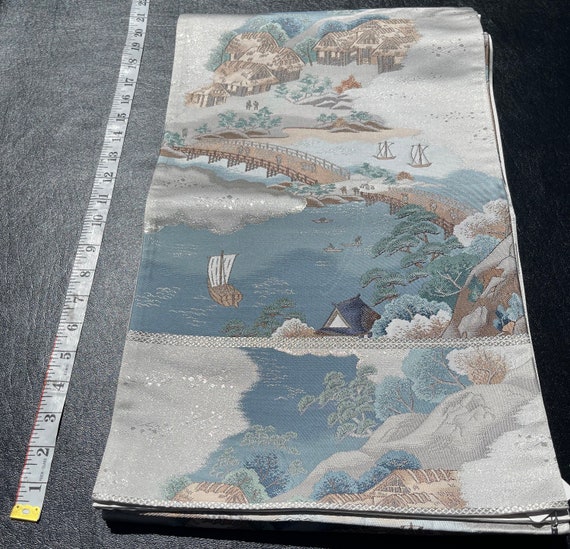Japanese obi/kimono sash, blue & grey; castle, oc… - image 2