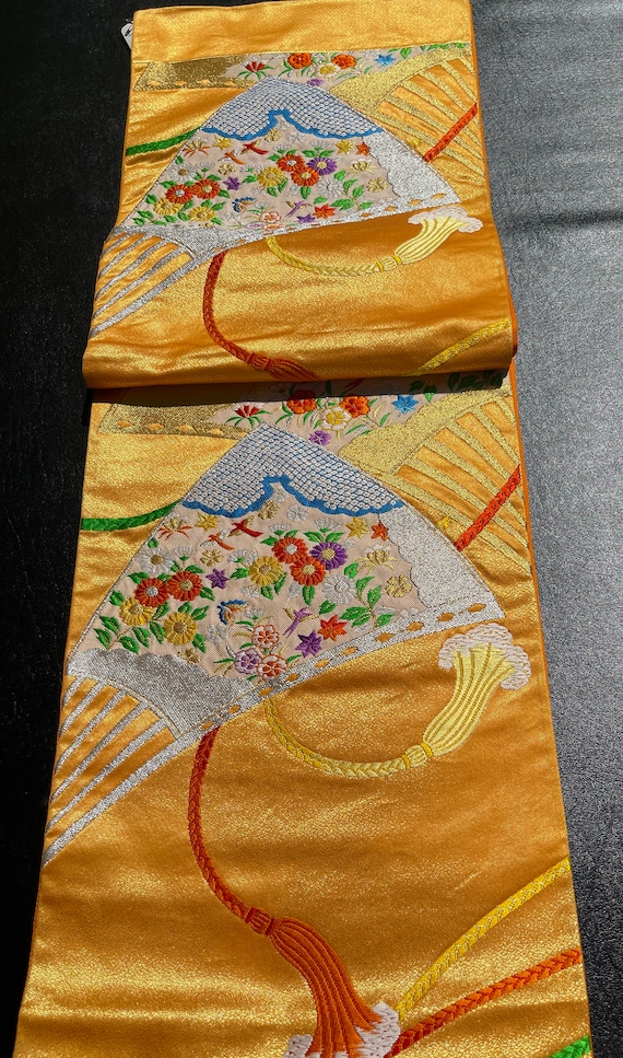 Japanese obi/kimono sash, tangerine/gold overlay, 