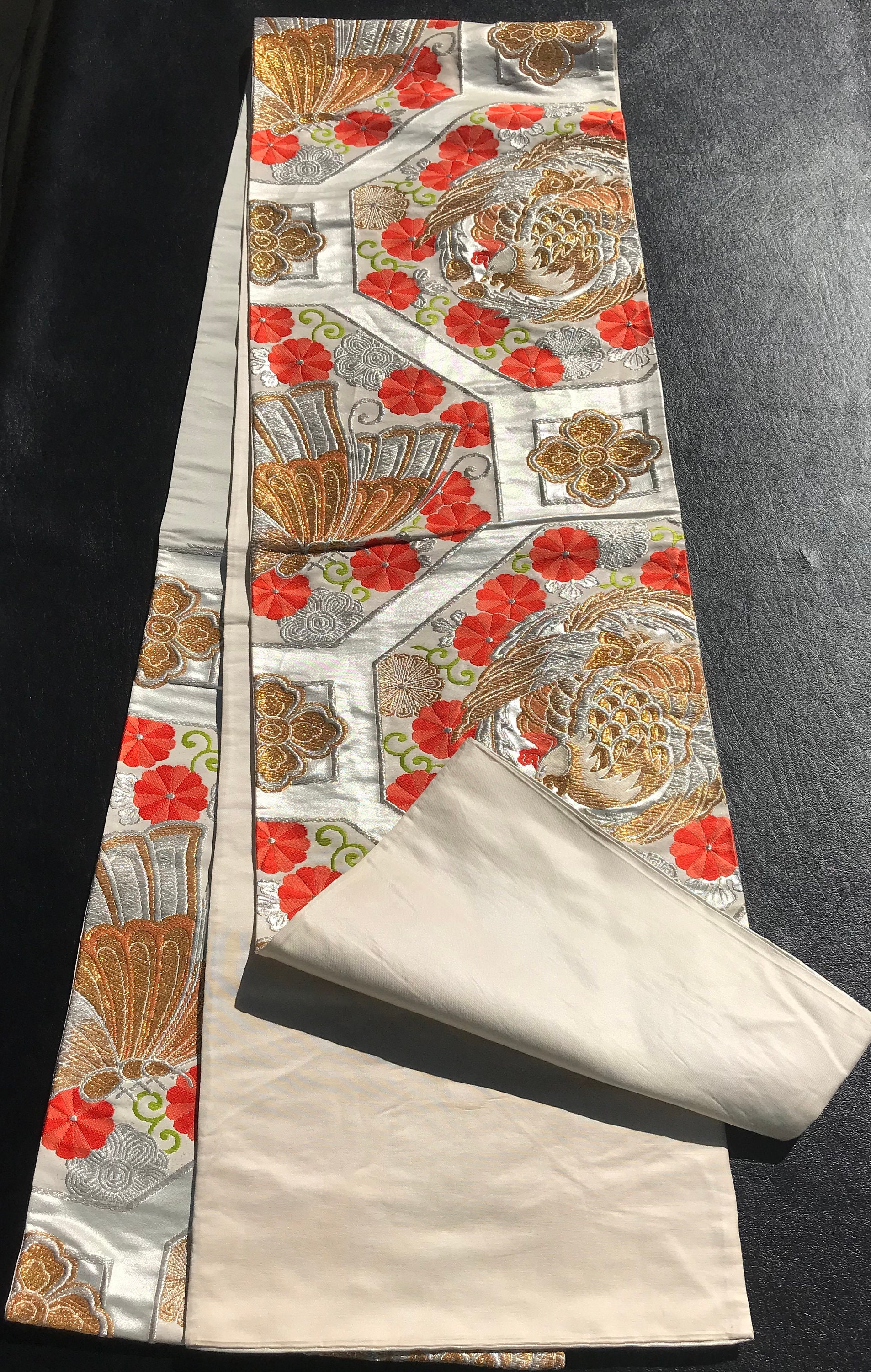 Japanese Obi/kimono Sash, Silver Bckgrnd, Orange and