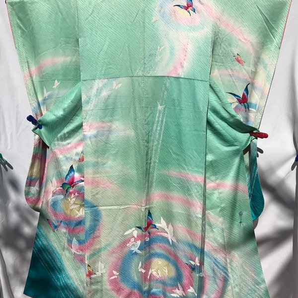 Japanese genuine textured silk kimono, soft pastels, butterflies in rainbows, glittery trails; excellent condition; vintage; ethnic