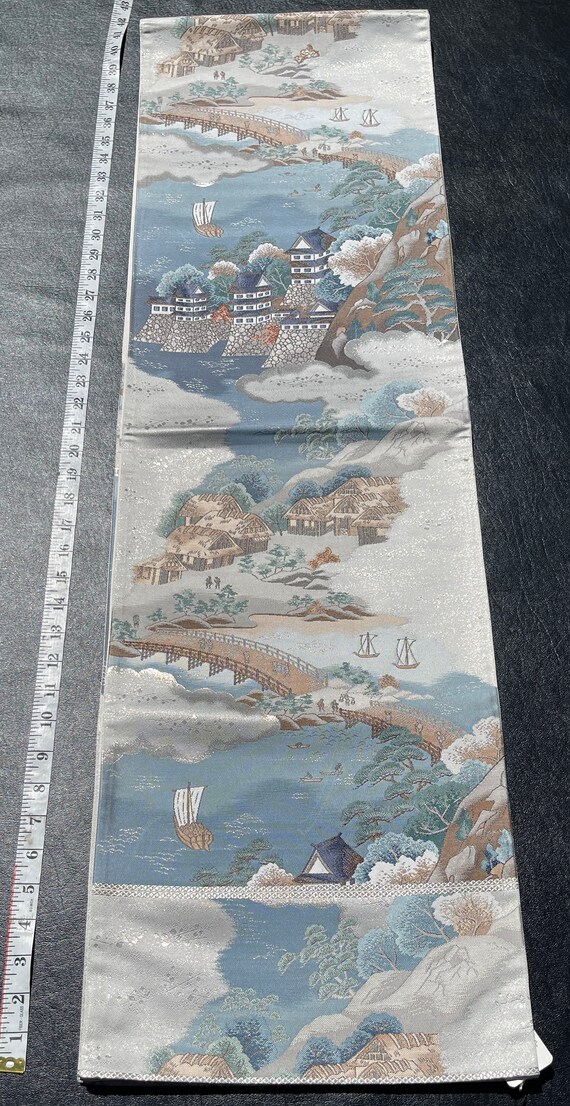 Japanese obi/kimono sash, blue & grey; castle, oc… - image 4
