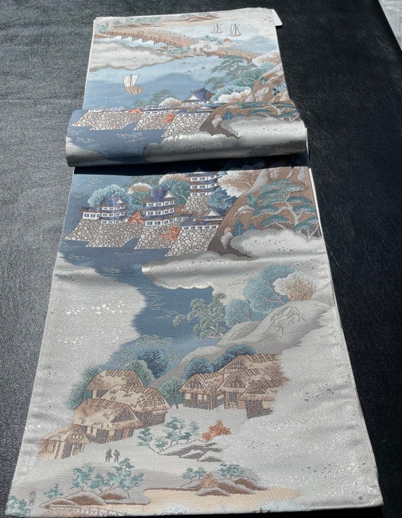 Japanese obi/kimono sash, blue & grey; castle, oc… - image 1