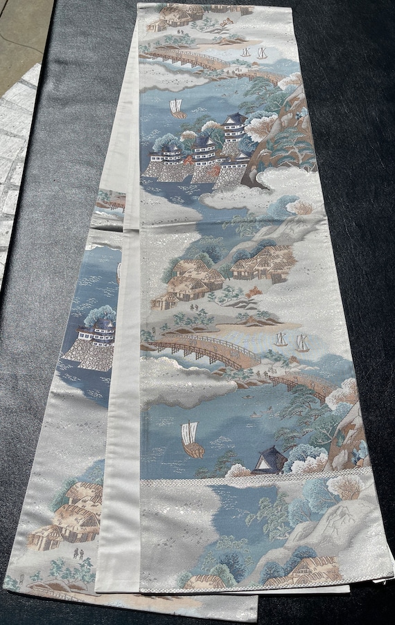 Japanese obi/kimono sash, blue & grey; castle, oc… - image 5