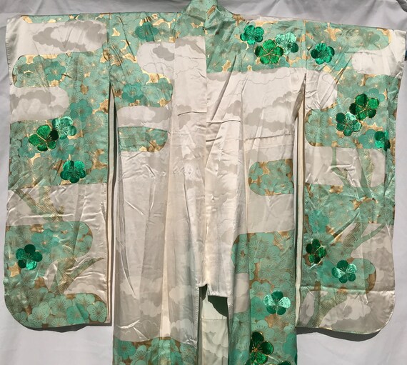 Japan satin kimono, print mint grn and embroidere… - image 3