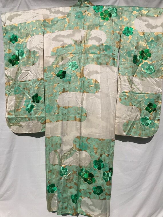 Japan satin kimono, print mint grn and embroidere… - image 8