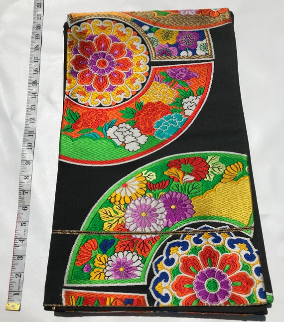 Vintage Japanese Black Obi with Colorful Wheel Patterns Black Obi Sash - Silver & Gold Motifs - Kimono Accessories  main image 4