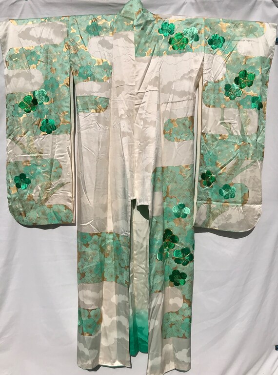 Japan satin kimono, print mint grn and embroidere… - image 2