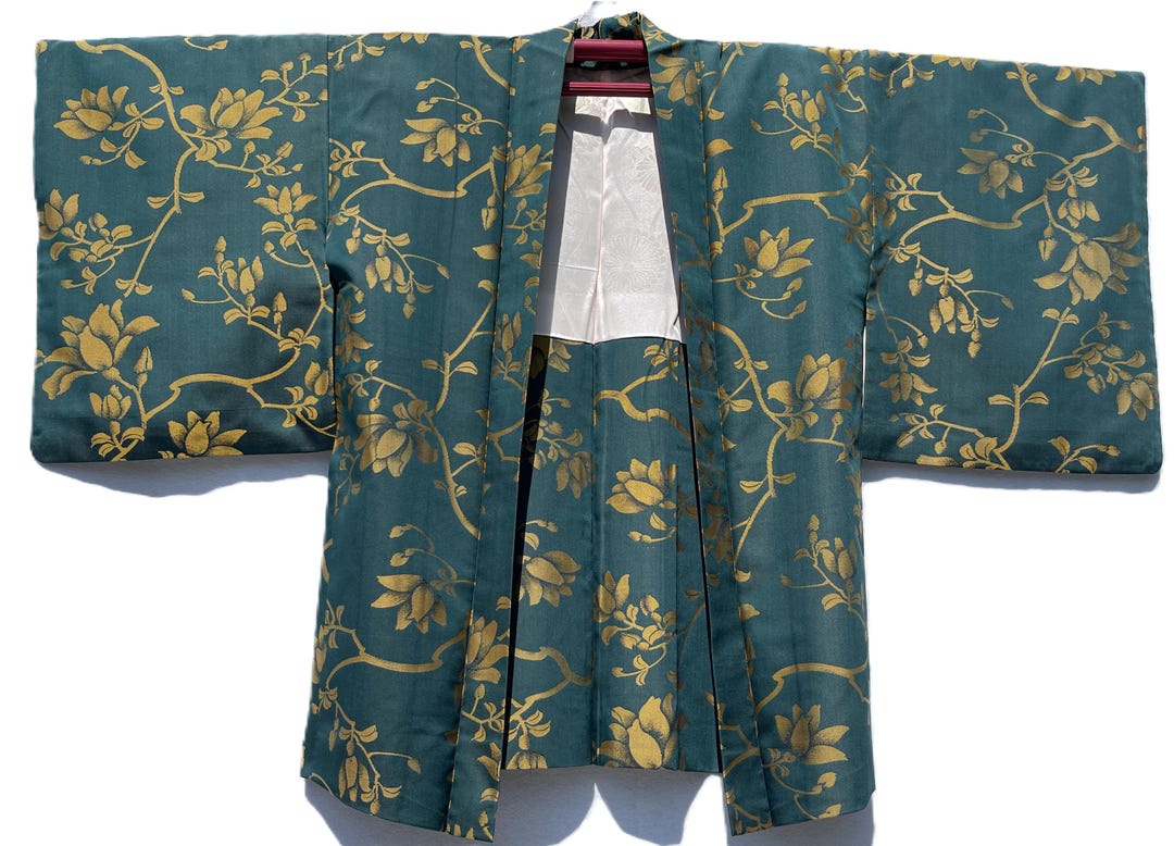 Japanese Tree Jacket Dark Forest Green Japanese Haori/jacket With Woven Gold Floral Design ...