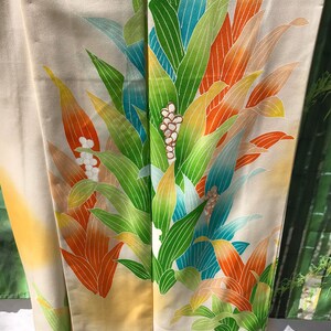 Japanese kimono, pale yellow & pale pink fabric w/printed colourful spring flowers a bit of gold embroidery excellent condition, vintage image 5