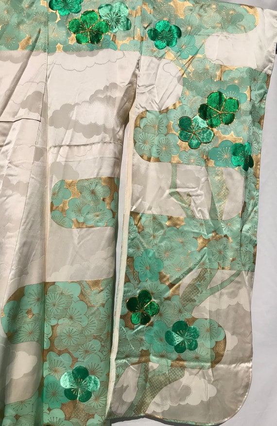 Japan satin kimono, print mint grn and embroidere… - image 4