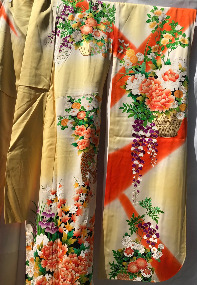 Vintage 70s 80s Yellow Orange Floral Geometric Komon Showa Kimono 12 M