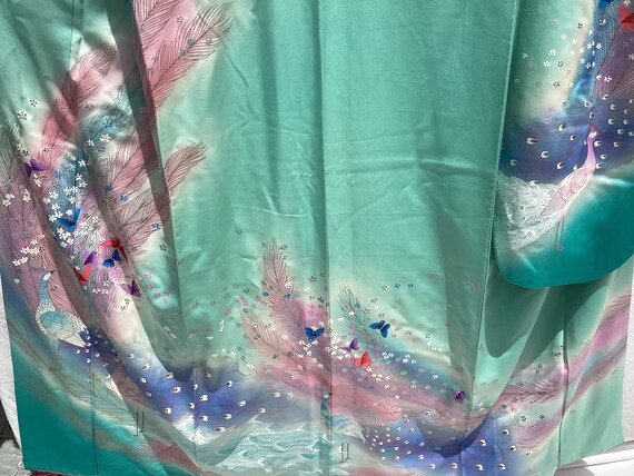 Japanese mint & pastel silk kimono;  butterflies,… - image 8
