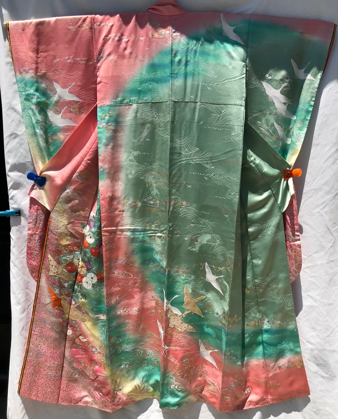 Japanese Kimono, Swirling Pastels, Emboss Waves & Birds, Print