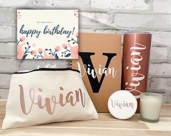 Birthday Gift Set for Women, Womens Gift Set, Rose Gold Tumbler, Gift Box for Her, Christmas Gift for Her, Rose Gold Skinny Tumbler Set