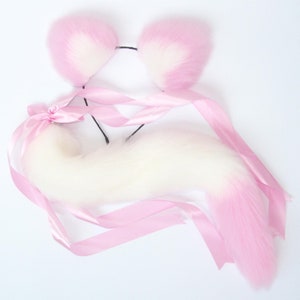 Furry Tail and Ears from Faux Fur, Cat Tail, Pink Kitty Tail with Ears, Fox Tail Cosplay, Fur Cat Ears, Detachable Tail with Ears, Roleplay