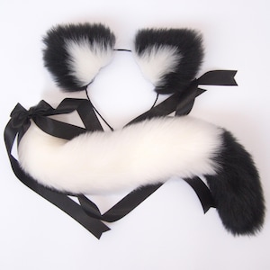 Queue et oreilles de chiot blanches et noires, Queue de chat amovible, Queue de renard velu, Queue de chien cosplay, Queue et oreilles en fourrure personnalisées, Jeu de rôle queue de chaton