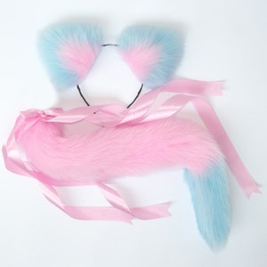 Cat Tail Plug and Ears Set Pink and Blue for Cosplay, Roleplay Fox Tail, Cute Tailplug and Ears, Soft Kitten Tail, Detachable Therian Tail