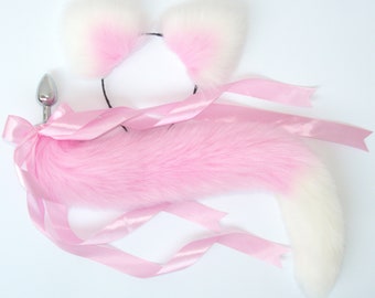 Cute Furry Cat Tail Butt Plugs with Ears, Detachable Stainless Steel Buttplug