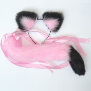 Pink Black Handmade Faux Fur Cat Ears & Tail Plug Set: Cosplay and Roleplay Suit