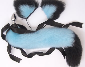 Detachable Blue and Black Tail Butt Plug and Ears,DDLG,Tail plug and ears,Tail buttplug,Cat tail butt plug,Tail plugs,Fox tail plug,Buttplug