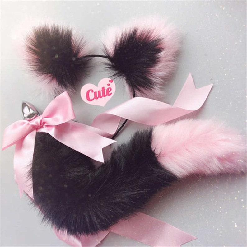 Black and Pink Tail Butt Plug with Ears