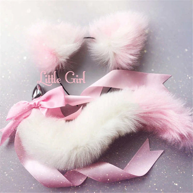 White and Pink Tail Butt Plug with Ears